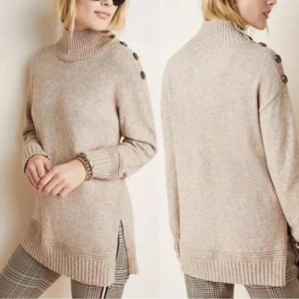 Anthropologie Margarita Tunic Sweater Medium Button Shoulder Tan Mock Neck